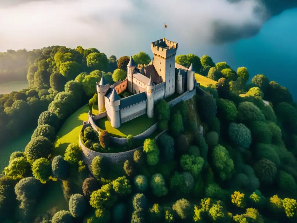 Castillo medieval en 8k: majestuosidad y detalle Representación aérea de un castillo medieval con arquitectura detallada y paisaje verde exuberante