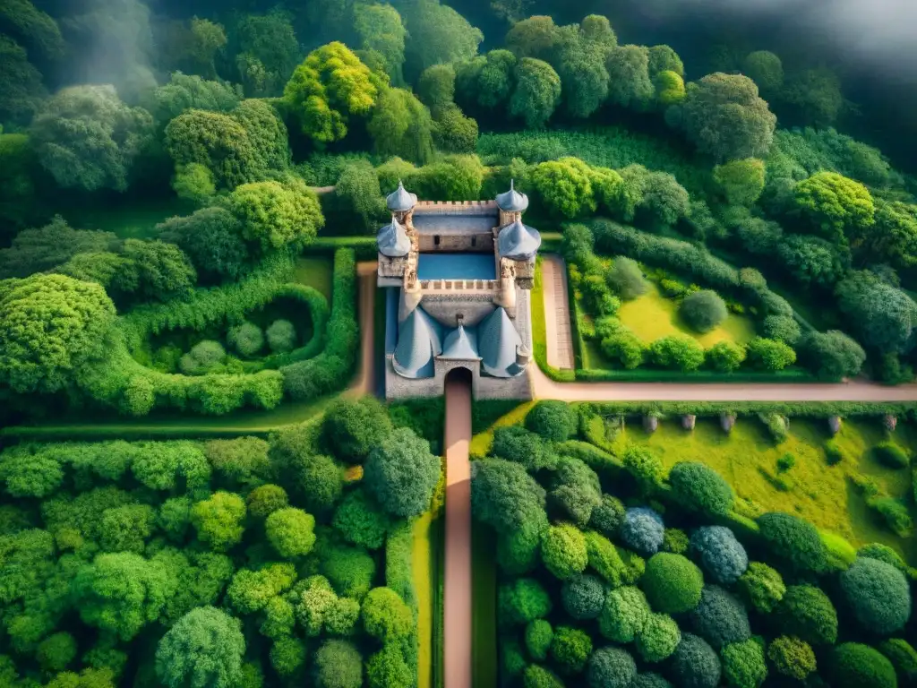 Castillo antiguo y túneles subterráneos: historia e innovación Fotografía aérea detallada de un antiguo castillo rodeado de exuberante vegetación, resaltando sus innovadoras tecnologías subterráneas