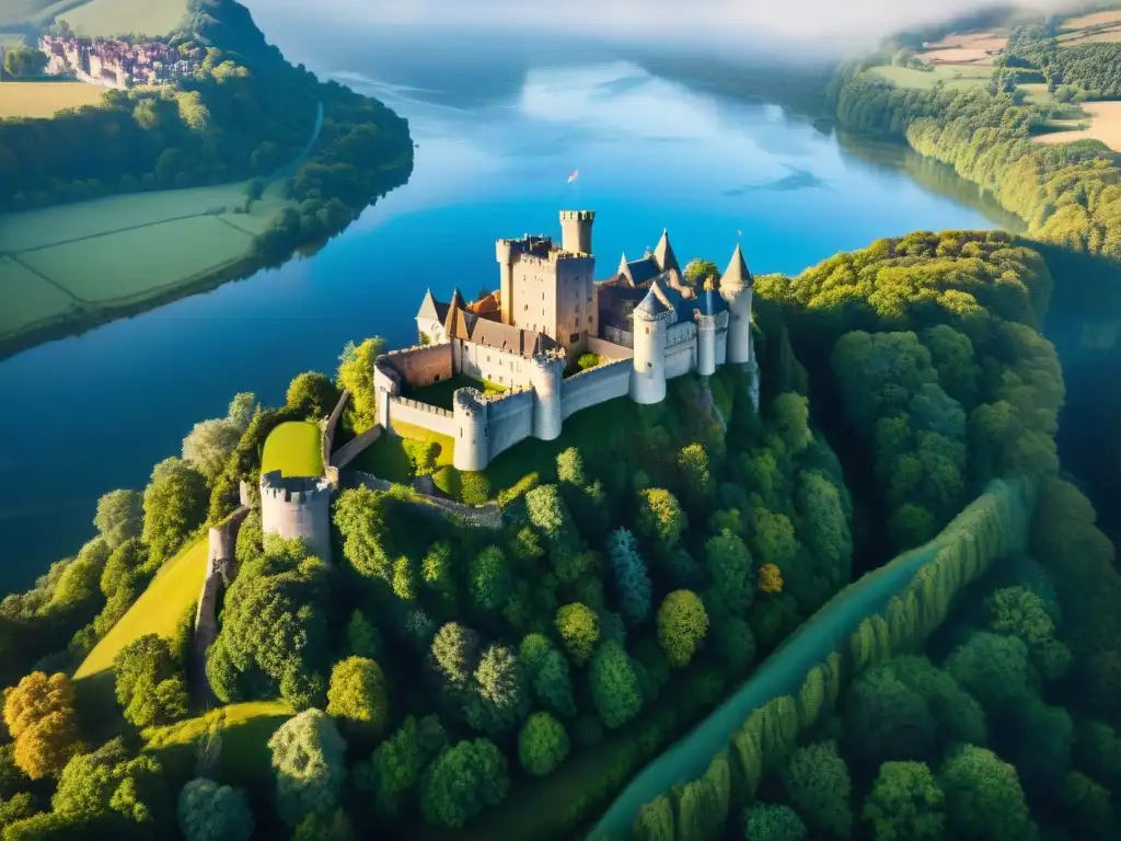 Castillo medieval en acantilado: majestuosidad y naturaleza exuberante Representación aérea de un majestuoso castillo medieval en un acantilado, rodeado de bosques verdes y ríos