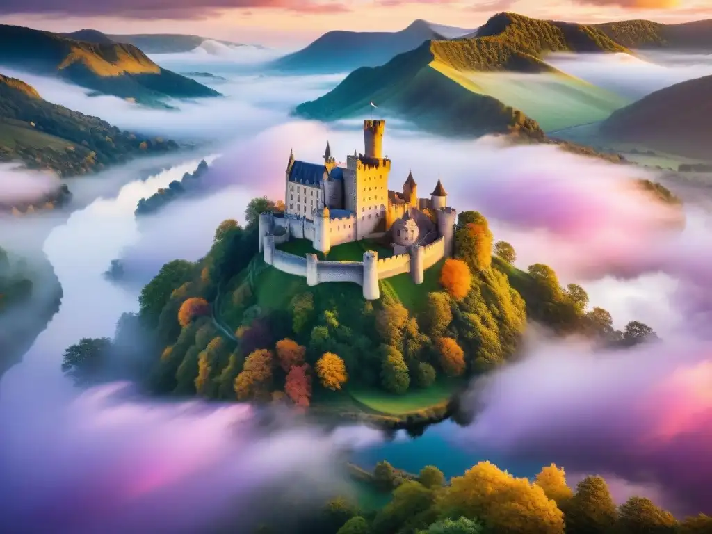 Castillo medieval en colina verde, río dorado y atardecer Una representación aérea de un majestuoso castillo medieval en una colina verde, rodeado de un río al atardecer
