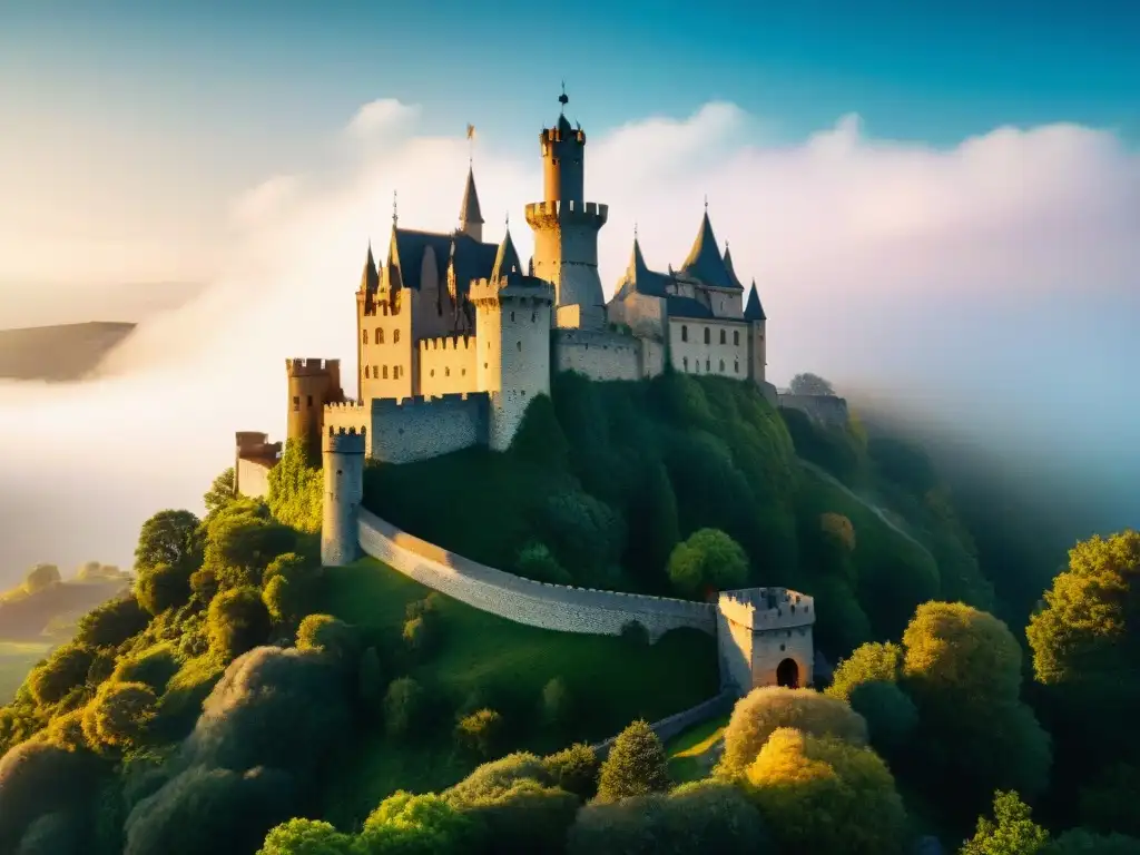 Transformación alquímica de un castillo antiguo: artesanos y colores vibrantes Alquimia de la piedra en fortalezas: Artesanos transformando un castillo antiguo con colores vibrantes y símbolos místicos bajo la cálida luz del sol