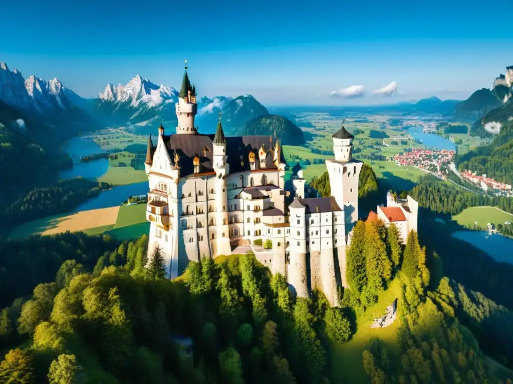 Castillo de Neuschwanstein: majestuosidad en la naturaleza Castillo Neuschwanstein en alturas impresionantes, rodeado de naturaleza exuberante y cielo azul