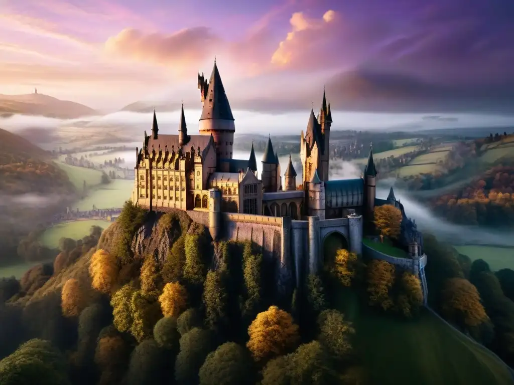 Análisis profundo castillo Hogwarts: Atardecer dorado ilumina el majestuoso castillo entre colinas y cielo púrpura, revelando su encanto mágico