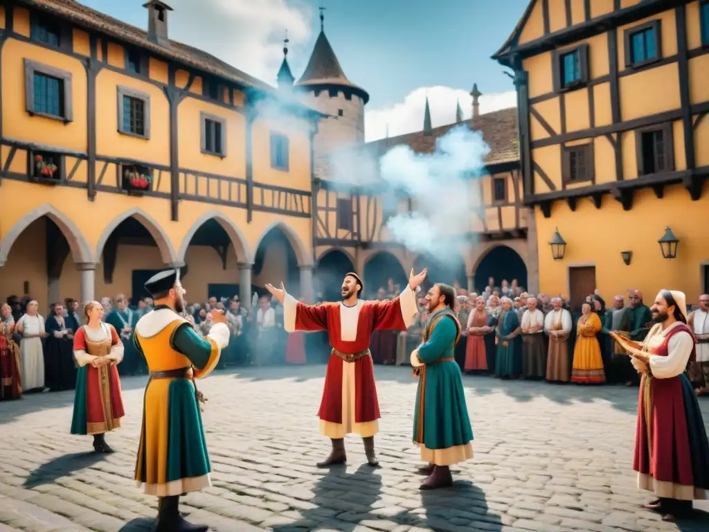 Juglares y cuentacuentos en plaza medieval Un animado entretenimiento medieval con juglares y cuentacuentos cautivando al público en la plaza del pueblo