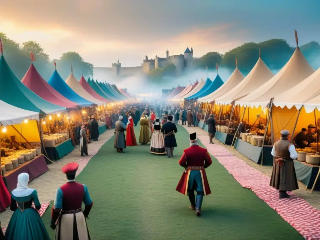 Un animado mercado gastronómico medieval con recetas históricas y coloridas ferias