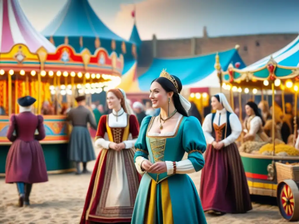 Vibrante feria medieval: mujeres en actividades históricas Un animado mercado medieval donde mujeres en ferias venden, interactúan y actúan en trajes de época
