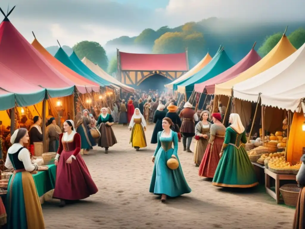 Mujeres en la feria medieval: colores, bailes y comercio Un animado mercado medieval con mujeres vendiendo, charlando y bailando