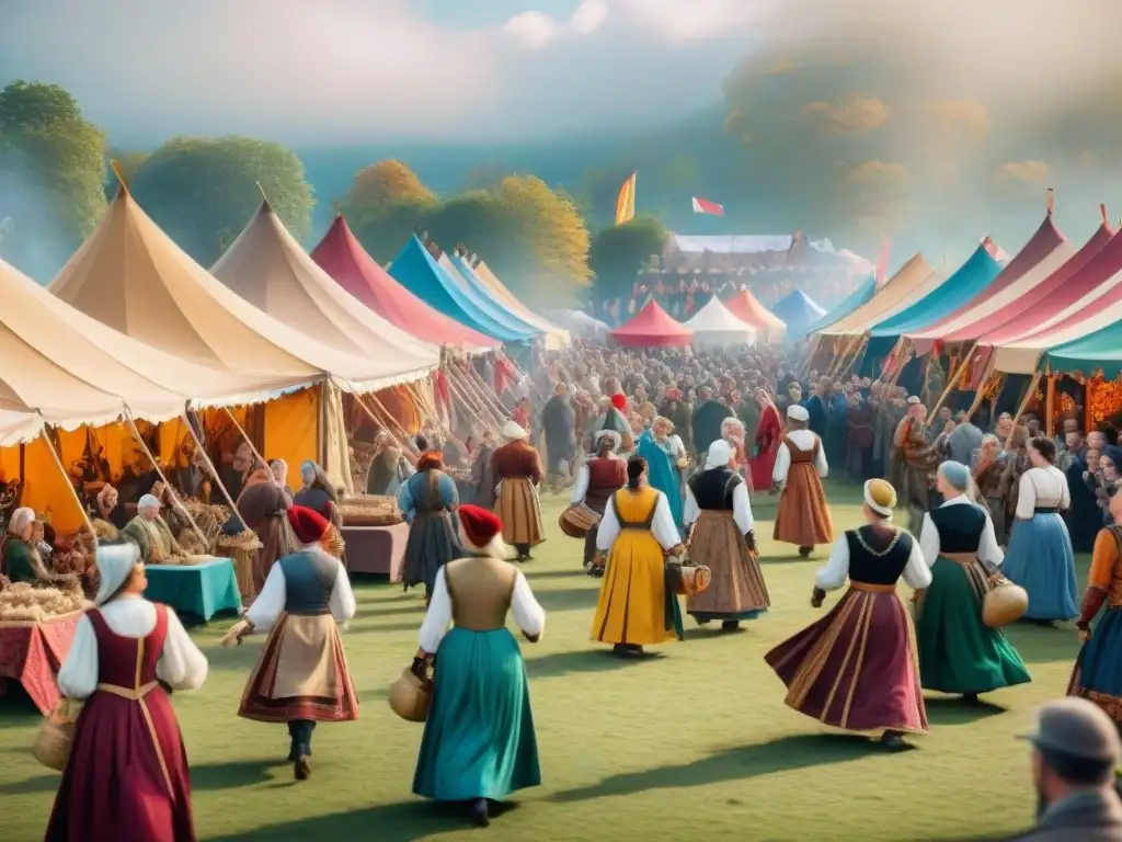 Medieval fair: Mujeres en acción con detalles auténticos Un animado mercado medieval con mujeres vendiendo, tocando música y bailando en auténticos trajes de época