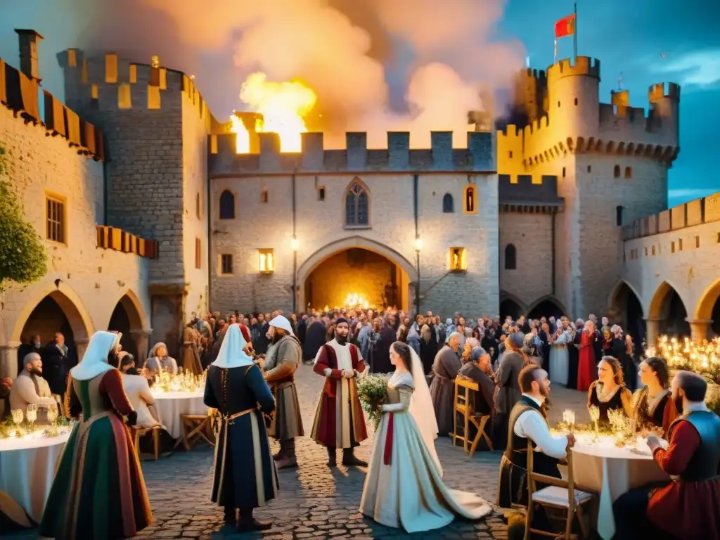 Castillo medieval: banquete y entretenimiento bajo las estrellas Un animado patio de castillo medieval con entretenimiento y banquetes bajo las estrellas