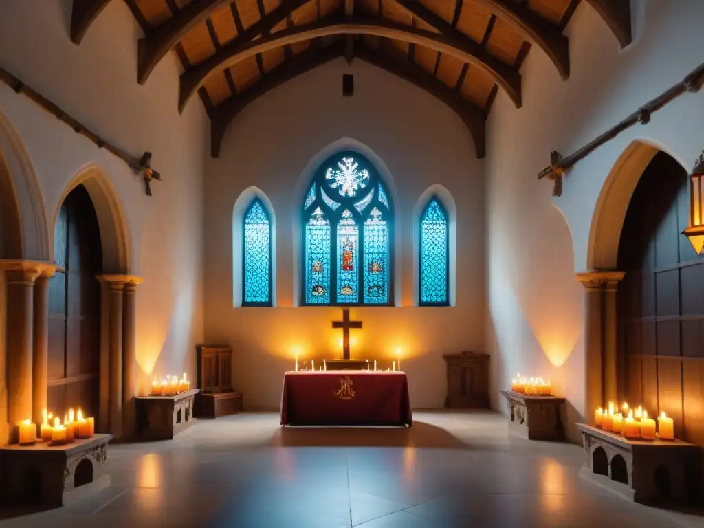 Capilla medieval iluminada: devoción y serenidad Un antiguo altar de madera en una capilla de castillo iluminado por vitrales, creando un ambiente reverente y sereno