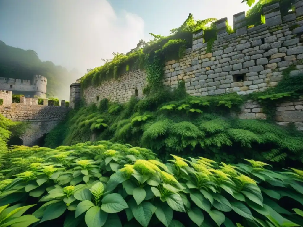 Fortaleza ancestral invadida por exuberante vegetación: naturaleza vs Un antiguo fuerte de piedra es invadido por exuberante vegetación, mostrando la lucha entre naturaleza y estructuras humanas