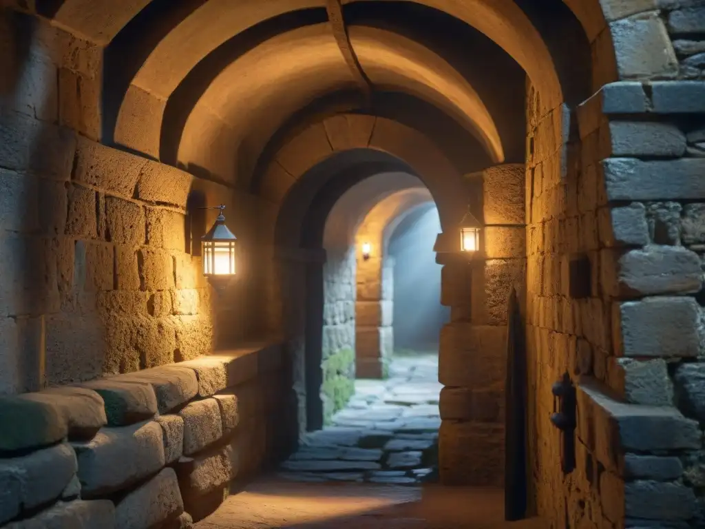 Corredor sombrío de castillo medieval: mazmorras antiguas y espíritus Un antiguo pasillo de piedra iluminado por antorchas en un castillo medieval