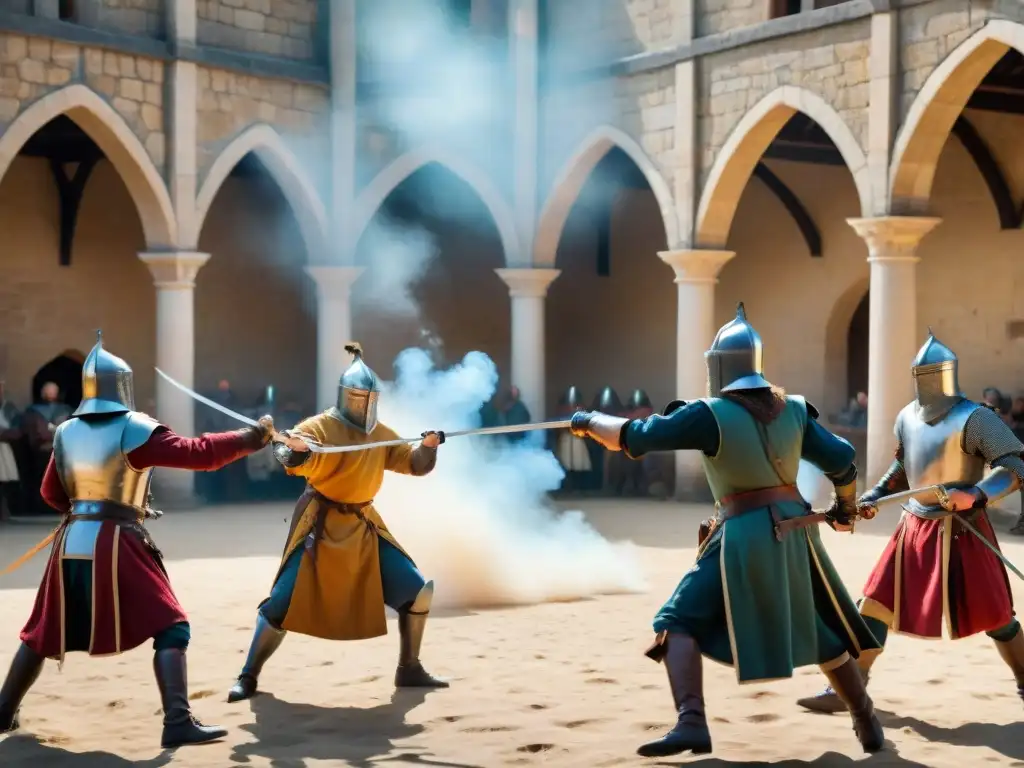 Apasionante esgrima en castillos históricos con participantes ataviados de época, bajo la experta guía de un instructor