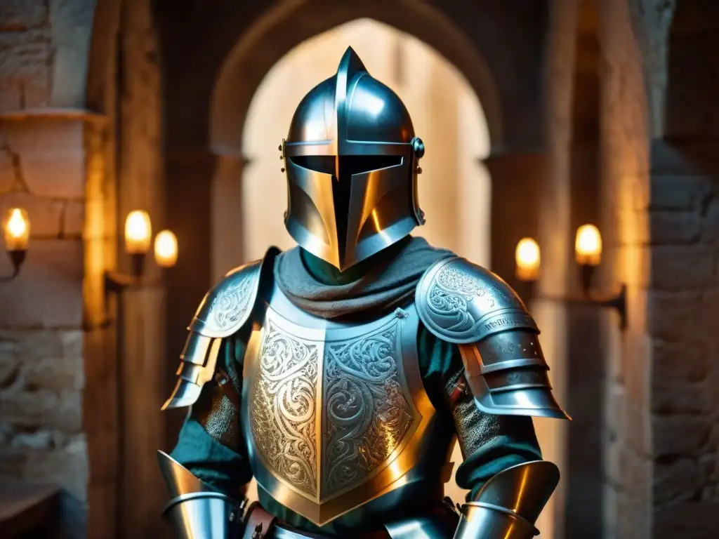 Armadura medieval: arte y misterio en castillo histórico Una armadura meticulosamente elaborada en un castillo medieval, reflejando el arte en castillos joyas escondidas