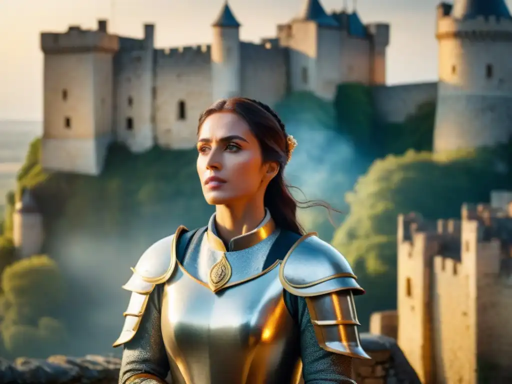 Juana de Arco: La Santa Guerrera en Castillo de Chinon al Atardecer Juana de Arco en armadura frente al Castillo de Chinon al atardecer, reflejando valentía y determinación