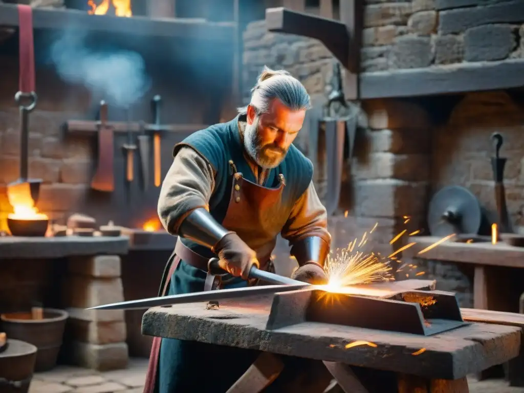 Forjando espadas en un castillo medieval: el arte ancestral del herrero Forjando armas de caballeros en un castillo medieval, chispas iluminan la sala mientras el herrero martilla una espada al rojo vivo en un yunque