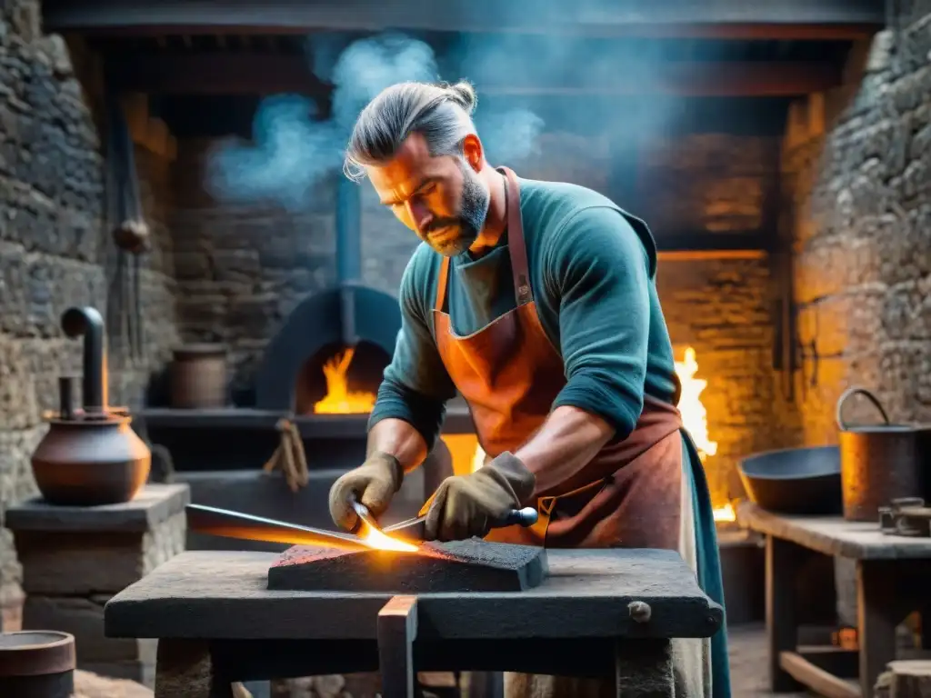 Artesano forjador de espadas en castillo medieval Un hábil herrero forjando armas en un castillo medieval, rodeado de fuego y herramientas