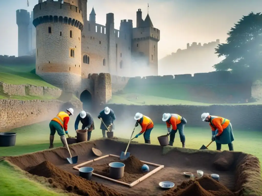 Arqueólogos excavando un pozo medieval en un castillo histórico