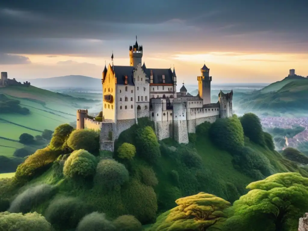 Iluminación ecológica resalta la arquitectura detallada de un castillo antiguo al atardecer