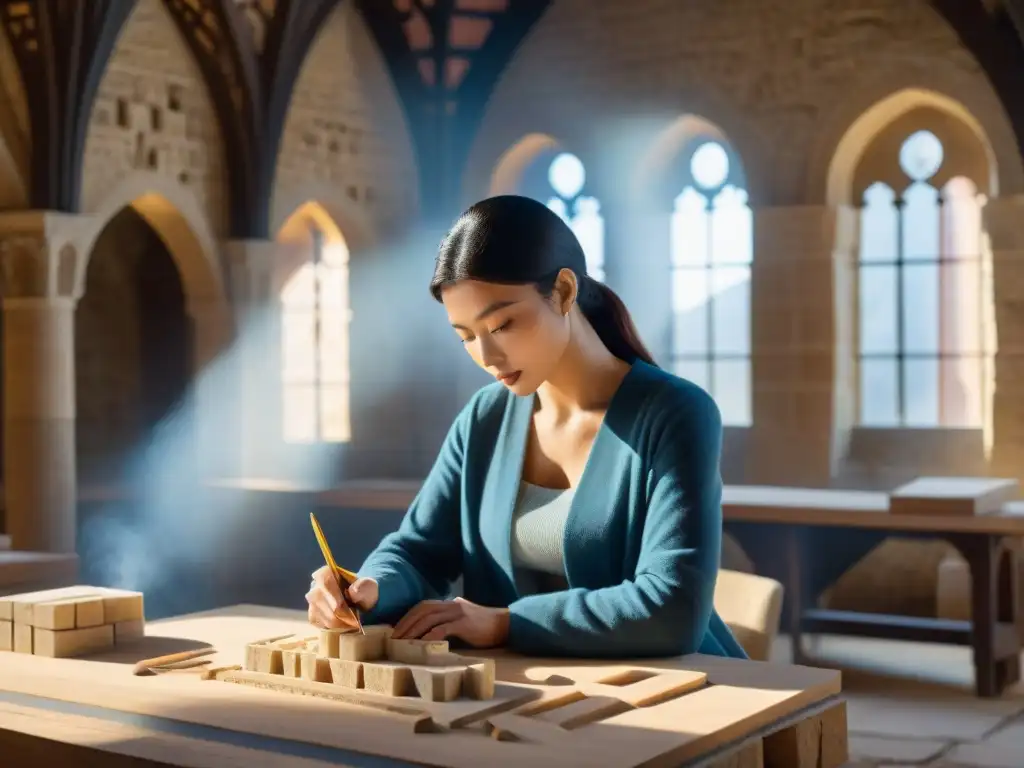 Artesanos esculpen diseños en piedra de un castillo antiguo convertido en aula moderna