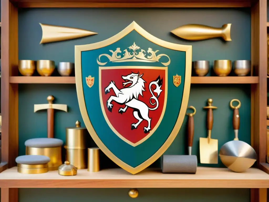 Artesanos medievales creando escudos heráldicos detallados Artesanos crean escudos heráldicos en taller medieval lleno de colores vibrantes y símbolos detallados