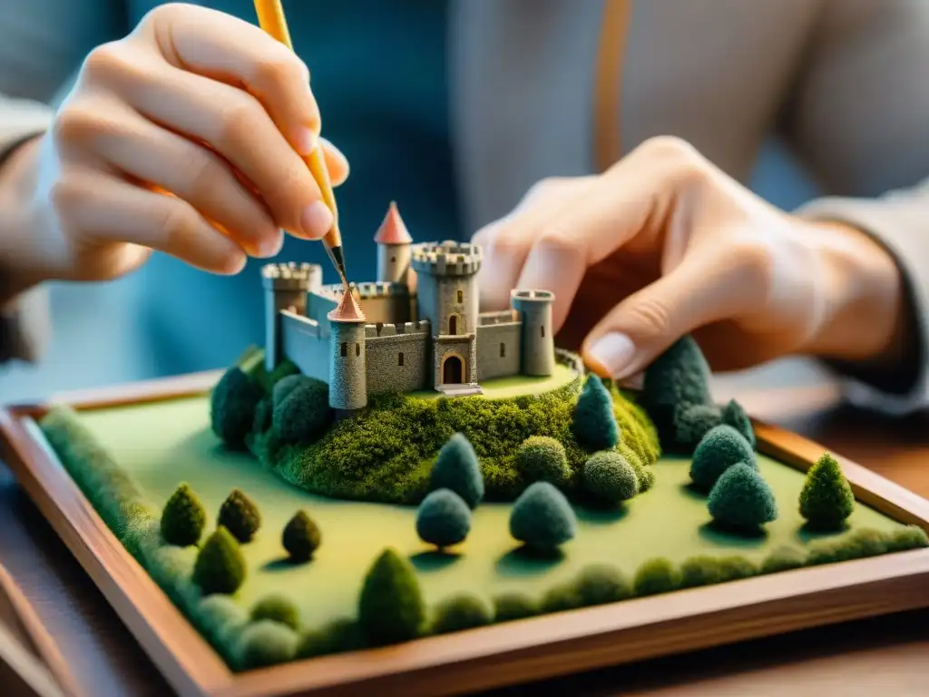 Maestro modelador detalladamente pintando castillo medieval en miniatura Artista detallista pinta minuciosamente un castillo medieval en miniatura, ejemplificando la dedicación en modelos detallados de castillos medievales