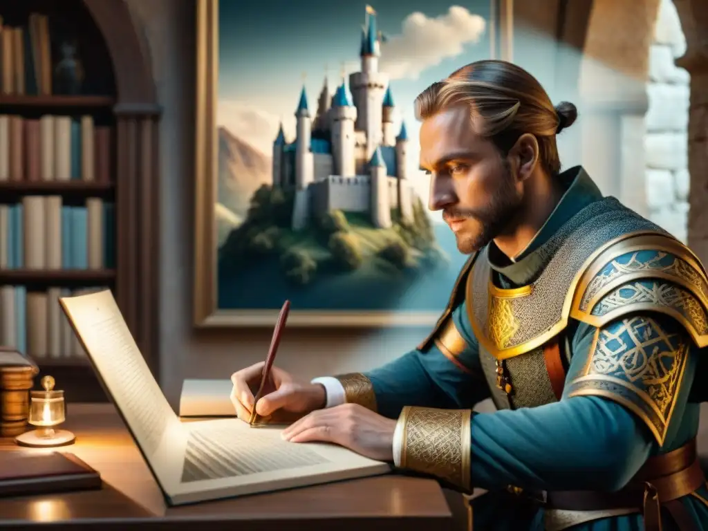 Un artista digital recrea con detalle un castillo medieval, rodeado de libros de arquitectura e mapas históricos, iluminado por una cálida luz que resalta su concentración