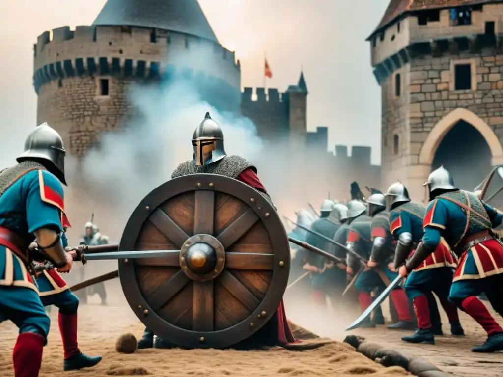 Ofensiva medieval: soldados empujan ariete contra el castillo Determinación de los asediadores para conquistar castillos, empujando un ariete medieval contra las murallas en una escena caótica