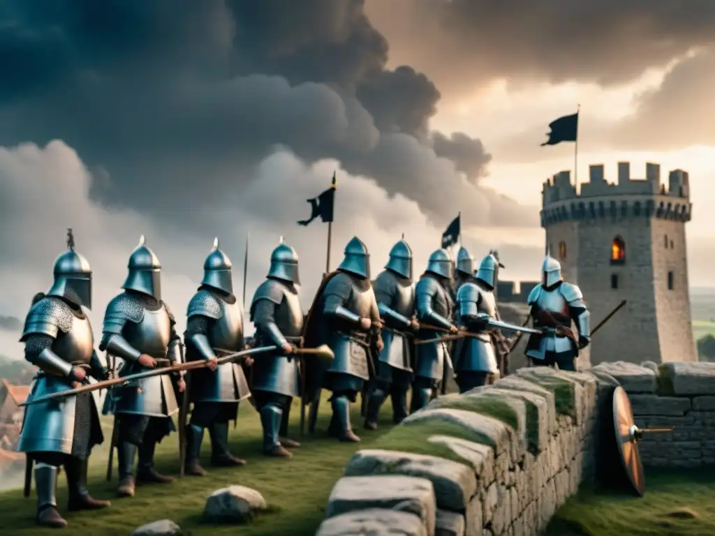Asedio medieval: ataque y defensa en castillo fortificado Con determinación, los asediadores avanzan para conquistar castillos, en medio de un intenso y tenso asedio medieval