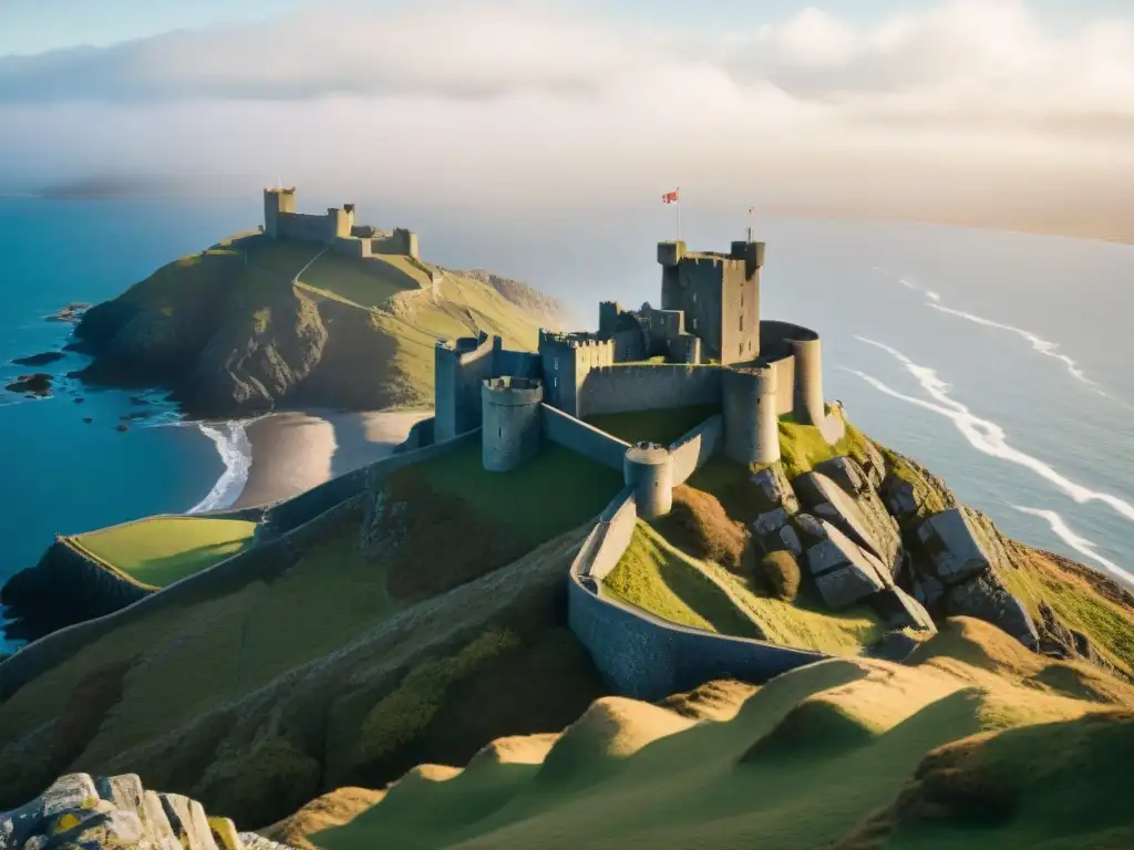 Asedio del Castillo Harlech en Gales: Castillo imponente en acantilado, bañado por la luz dorada del sol y rodeado de turistas