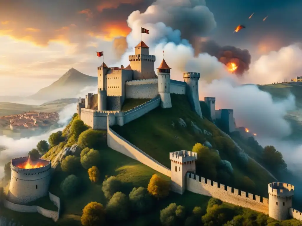 Asedio épico a Montségur: batalla medieval en vivo Asedio épico a Montségur: catapultas lanzan fuego, caballeros escalan murallas mientras el cielo arde con flechas