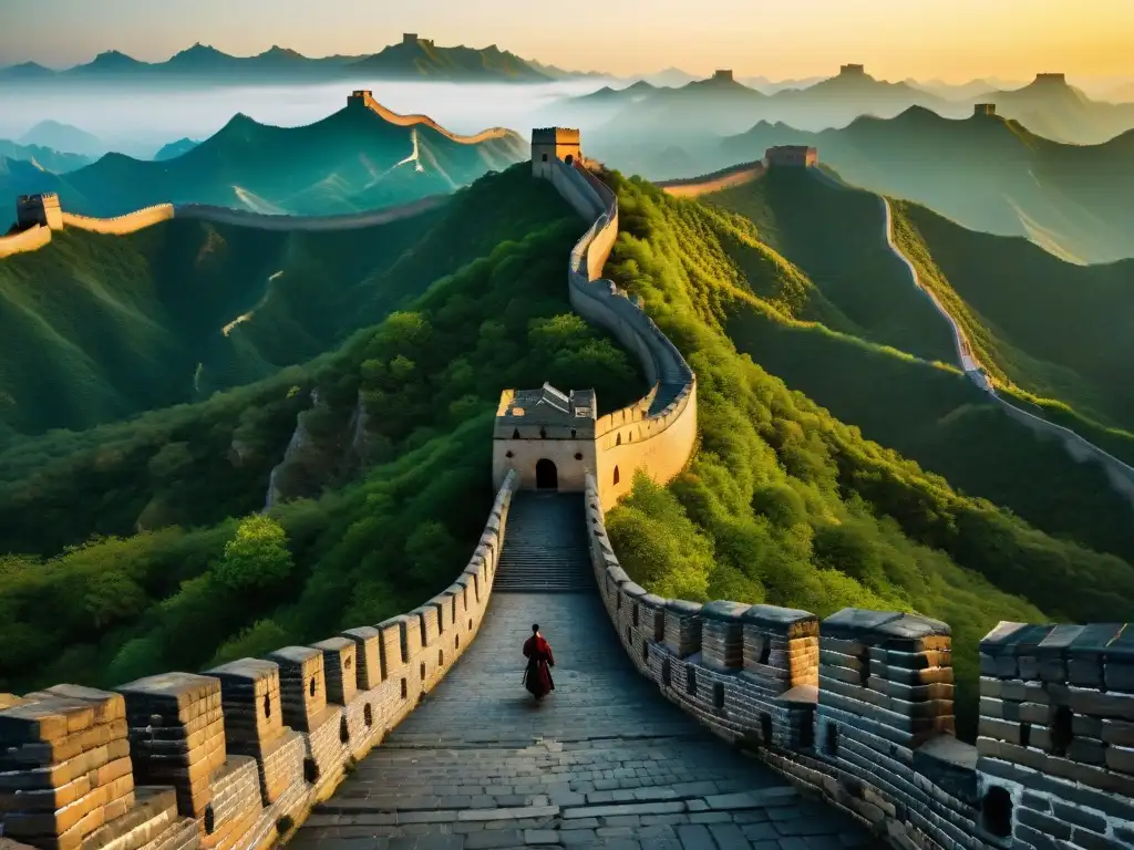 Gran Muralla China al atardecer: majestuosidad y historia Un atardecer dorado ilumina la majestuosa Gran Muralla China sobre terreno rugged