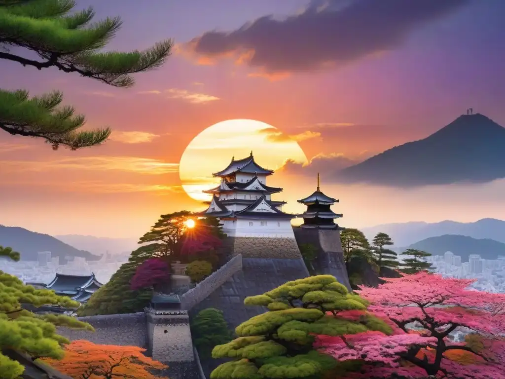 Puesta de sol en Castillo Himeji: Colores vibrantes y serenidad Atardecer mágico en el Castillo de Himeji, uno de los castillos más impresionantes de Asia