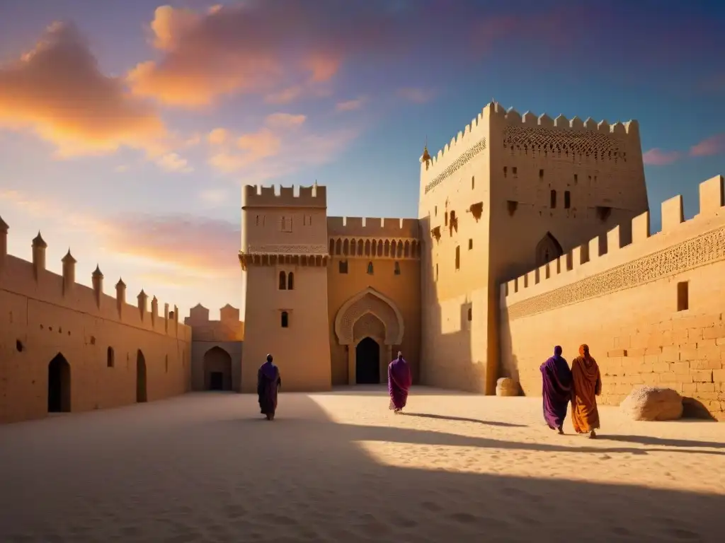 Fortaleza milenaria al atardecer: detalle arquitectónico en Oriente Medio Un atardecer mágico en una fortaleza del Medio Oriente misteriosa, con detalles arquitectónicos impresionantes y una paleta de colores cálidos
