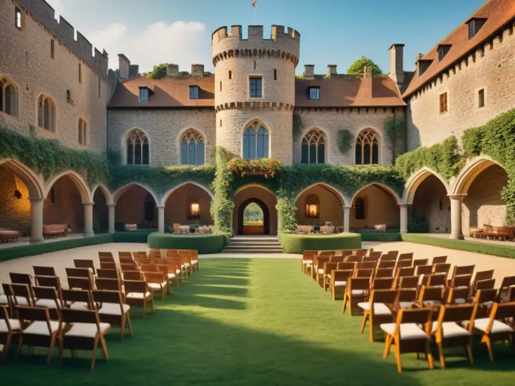 Encantador encuentro literario en el patio de un castillo histórico Un atardecer mágico ilumina un patio de castillo con autores y poetas, rodeados de historia y naturaleza