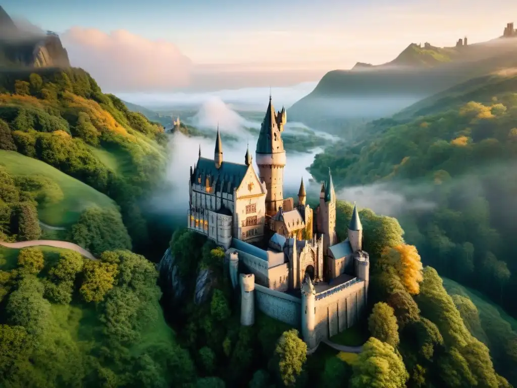 Castillo Hogwarts al atardecer, rodeado de bosques verdes