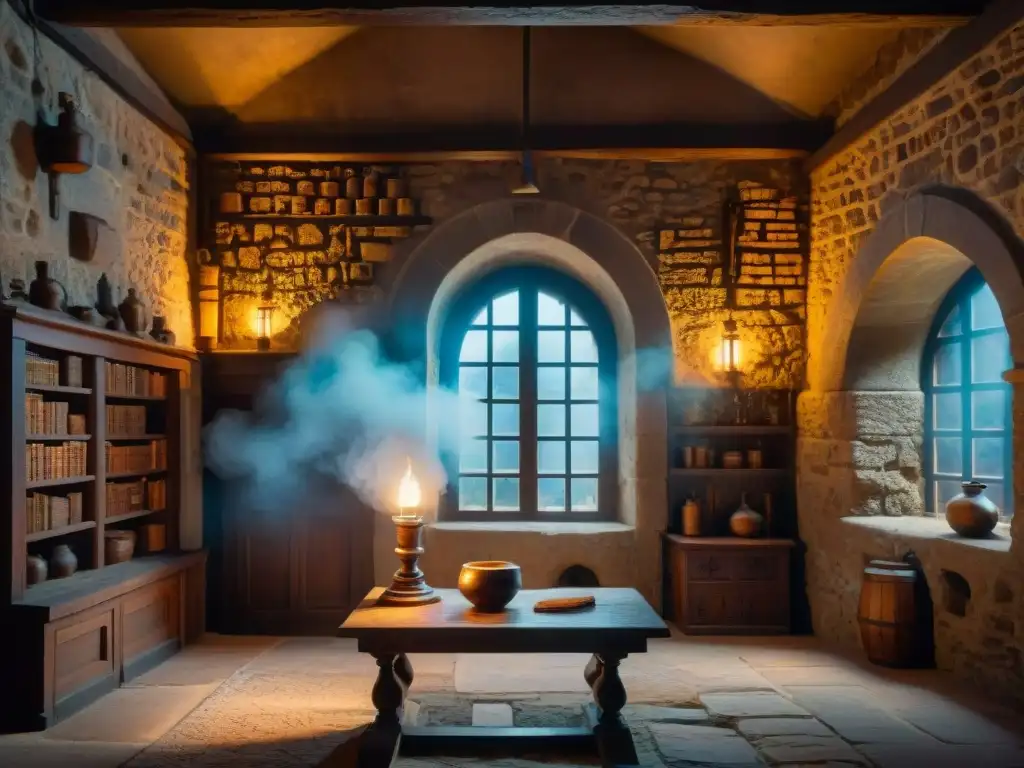 Alquimia en Castillo: Laboratorio Secreto y Misterioso Atmósfera de misterio en un laboratorio de alquimia oculto dentro de un castillo europeo