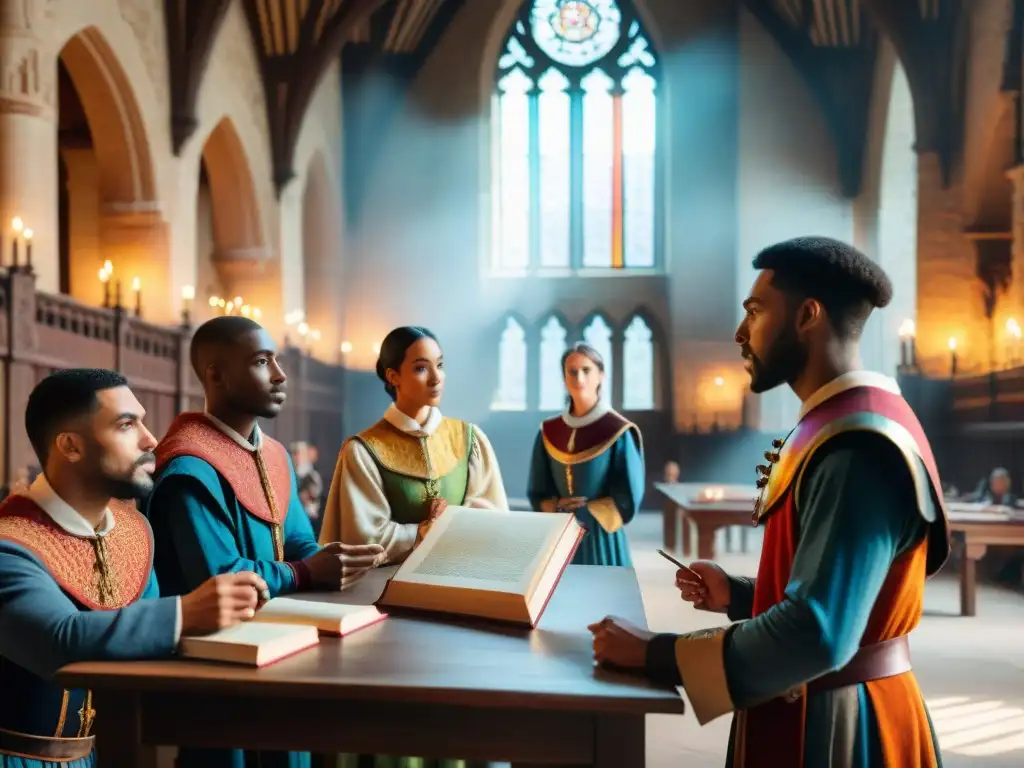 En un aula de castillo histórico, estudiantes escuchan atentos a maestro mientras aprenden sobre historia