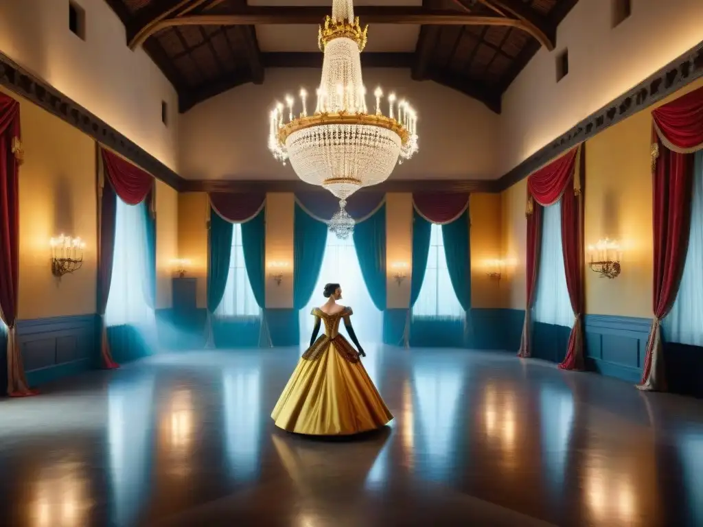 Baile de época en castillo medieval: opulencia y elegancia medieval Bailes de salón en un castillo encantado: parejas danzando en un salón lujoso con candelabros y tapices intrincados