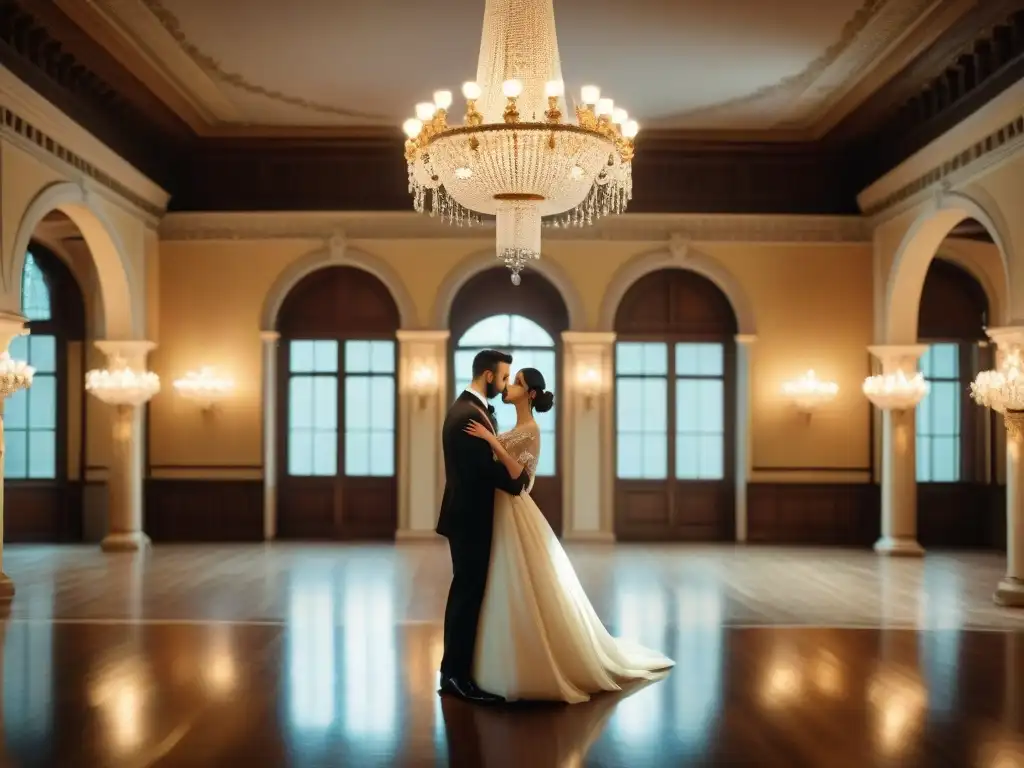 Salón de baile en un castillo encantado: elegancia y romance Bailes de salón en un castillo encantado, con chandeliers, columnas de mármol y frescos históricos iluminados por velas