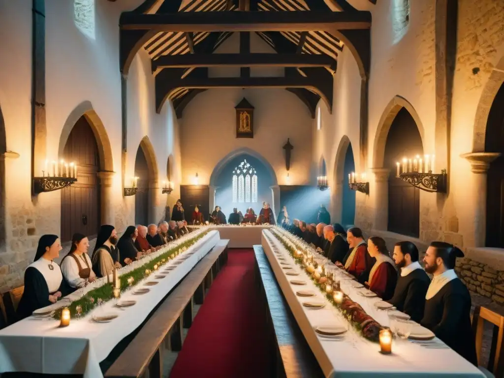 Banquete medieval en castillo: lujo y festín Un banquete medieval en un castillo con mesas largas, tapices elaborados, platos medievales y música tradicional