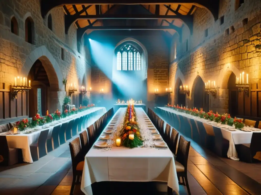 Banquete medieval en un castillo: una celebración histórica Banquete medieval en un castillo: mesas largas con candelabros, paredes de piedra, invitados en trajes históricos