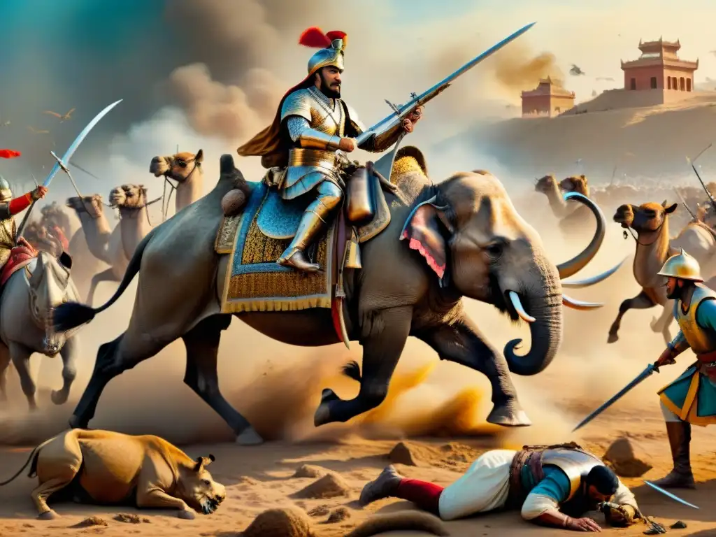Batalla épica con animales exóticos en la historia Batalla caótica con animales en la guerra armamento: elefantes, camellos y rinocerontes blindados en el fragor