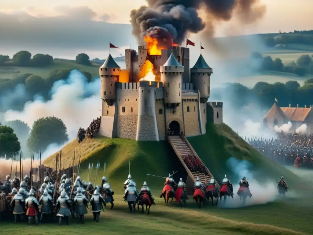 Épica batalla medieval: asedio y defensa de un castillo Batalla medieval con castillo bajo asedio, atacantes usando trebuchets y arietes, defensores disparando flechas