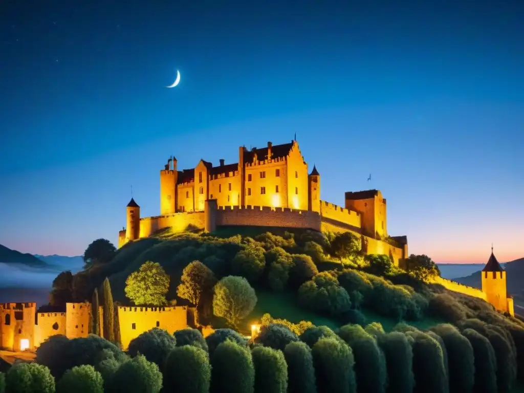 Iluminación ecológica realza la belleza de castillo antiguo en la noche estrellada