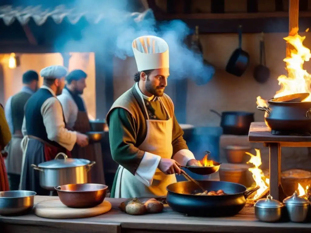 El bullicioso ambiente de una cocina medieval en una feria gastronómica, chefs cocinando recetas medievales sobre fuego abierto