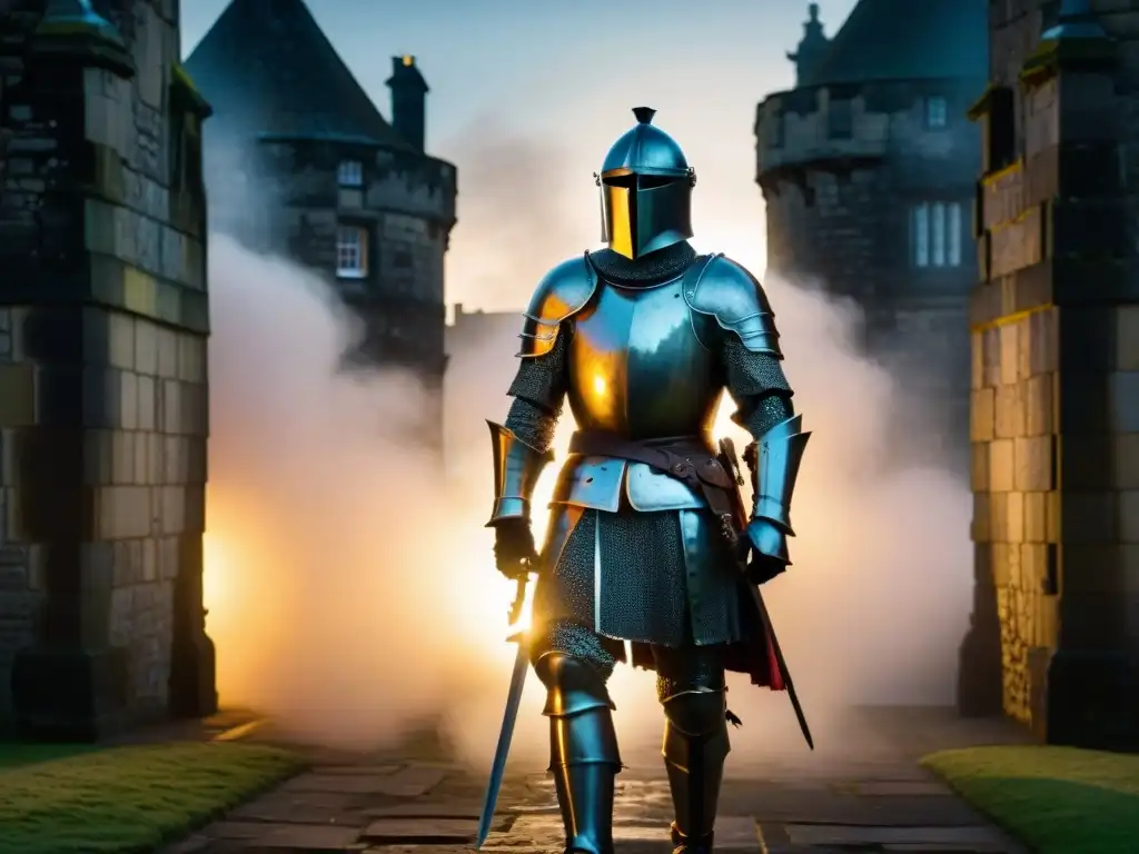 Un caballero medieval de armadura en el castillo de Edimburgo, rodeado de niebla