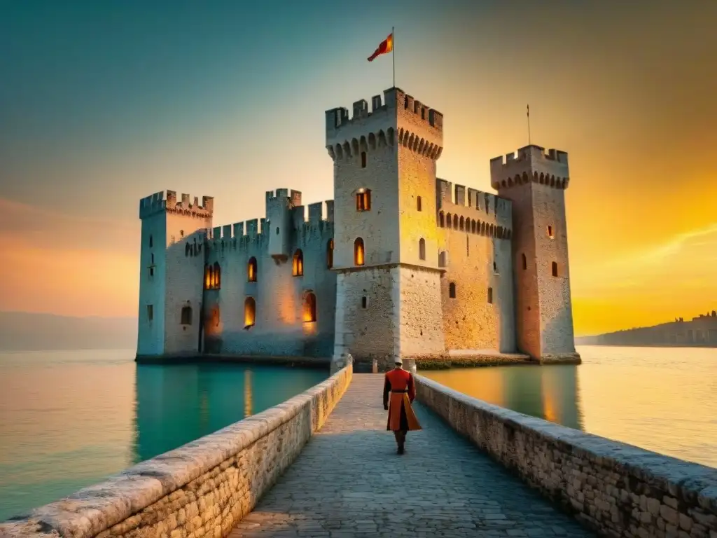 Caballero medieval frente al Castillo de Sirmione al atardecer Un caballero medieval en armadura frente al Castillo de Sirmione al atardecer, reflejando la historia misteriosa