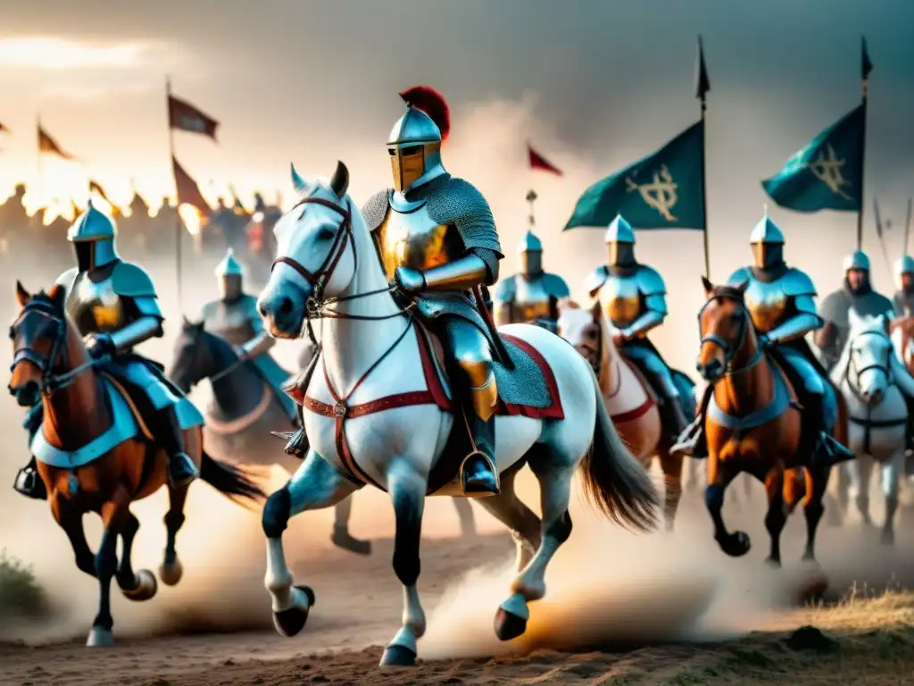 Batalla medieval épica: caballeros en armadura cargan a la guerra Caballeros en armadura y caballos con armaduras en una batalla medieval caótica