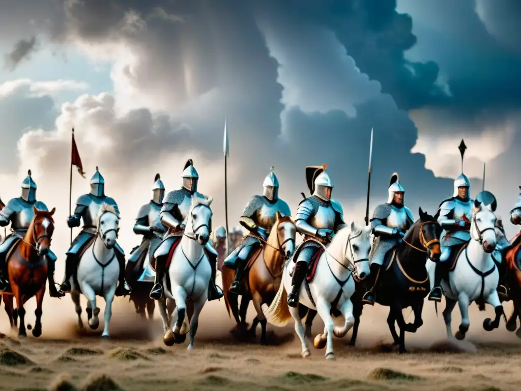 ¡'Batalla medieval épica: caballeros en la carga bajo un cielo tormentoso'! Caballeros en armadura cargan en campo de batalla medieval, con tácticas y armamento en intensa lucha